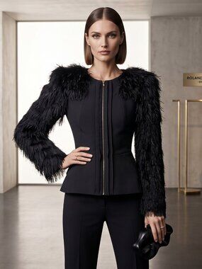ROLAND MOURET Black Architectural Peplum Jacket Feather Eyelash Fringe 2
